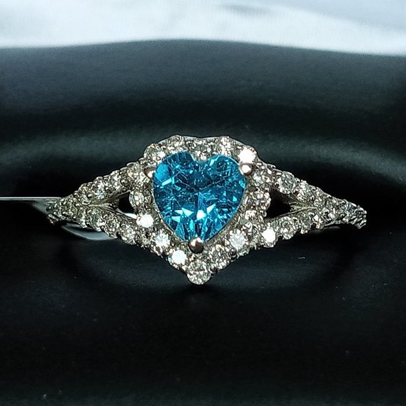 (SOLD) 14K Heart-Shaped Blue Topaz Diamond Ring Sz 5.75 - Picture 2 of 11